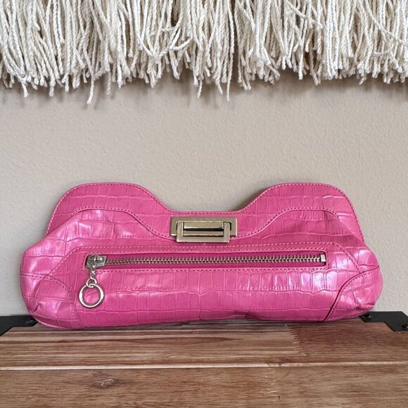 Y2K MAXX New York Pink Croc Embossed Leather Silver Hardware Clutch Bag - Picture 1 of 17